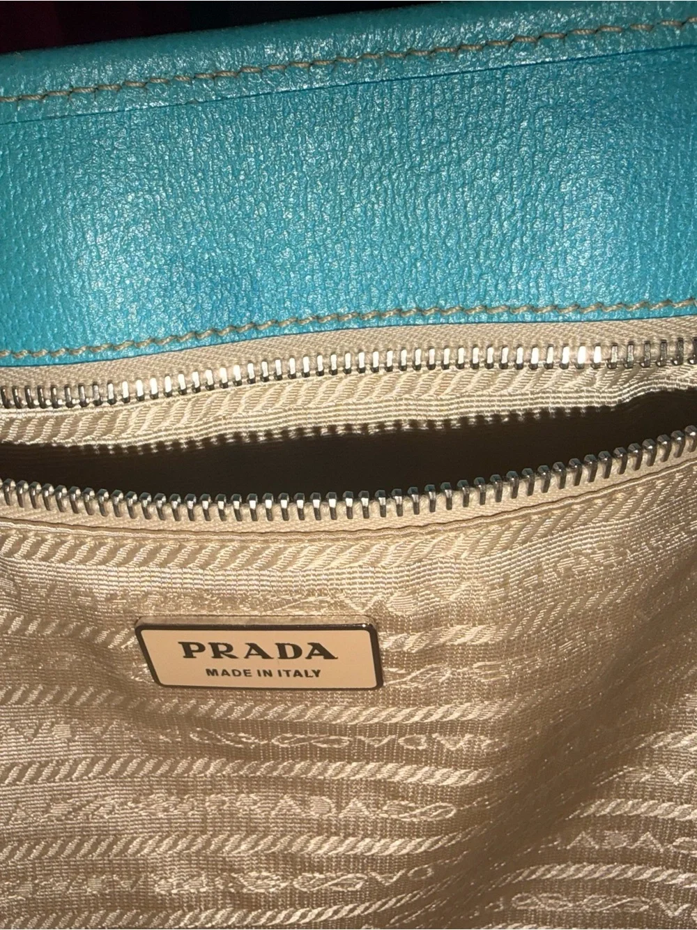 Rare Authentic Prada Canvas Tote Bag in Cream and Turquoise